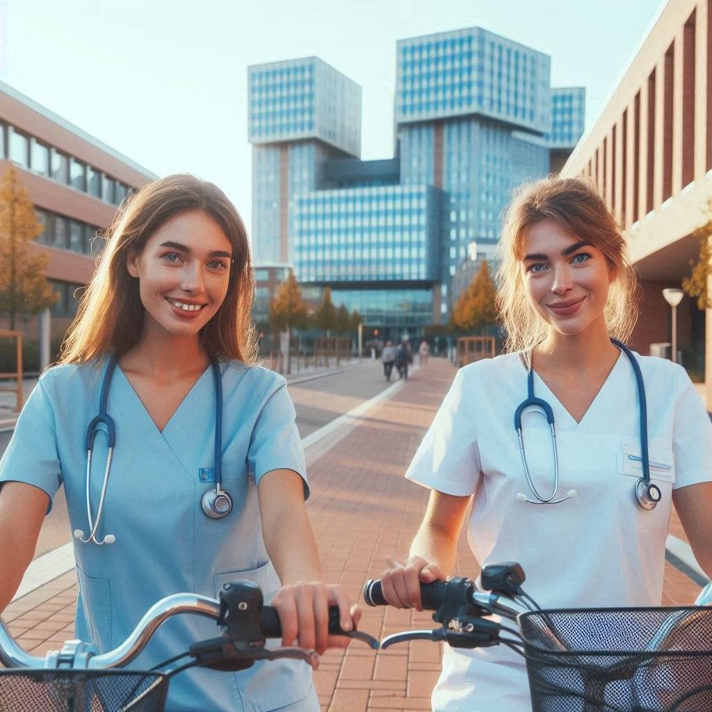 Two Female Nurses Each On A Bicycle In Front Of A Hospital In Belgium Looking At The Camera